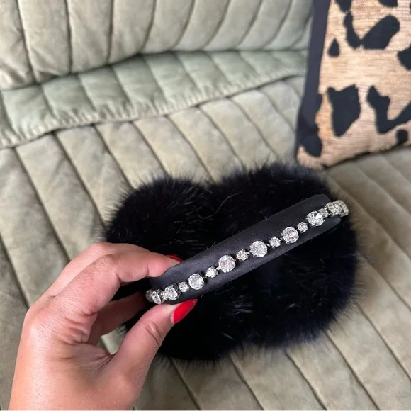 Hill House Noor Earmuffs 🖤 Black Faux Fur Earmuffs with Crystal Studded Band - Picture 3 of 7
